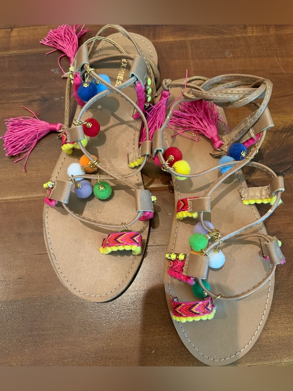 Women's Tan Pom-Pom Lace-Up Sandals with Hot Pink Tassels